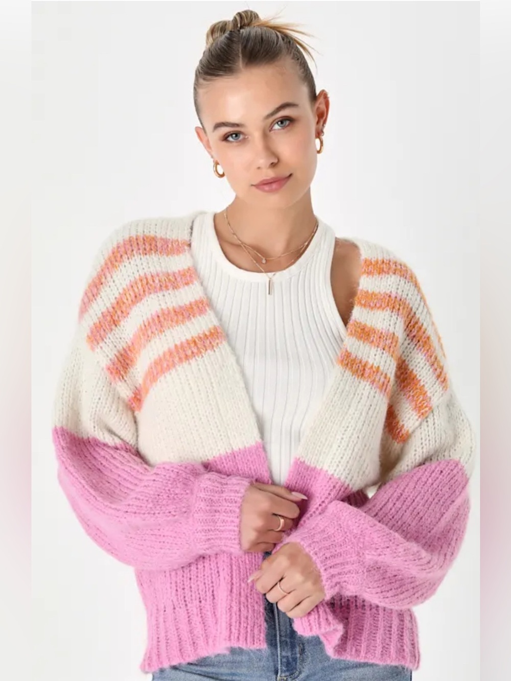 Vero Moda Colorblock Cardigan - Cream, Pink, and Orange